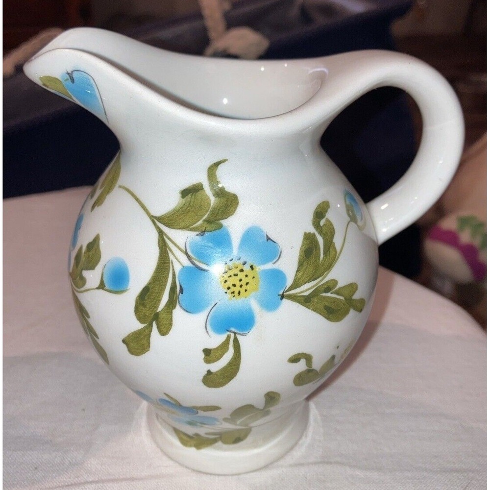 Vintage Hand Painted Creamer Blue Flowers 5.25" Green Italy Replacement